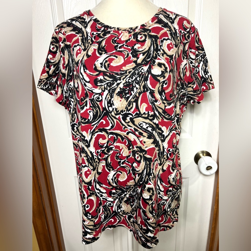 St. John’s Bay Top T Shirt Blouse Cotton Short Sleeve Red/Beige/Black Boho XL